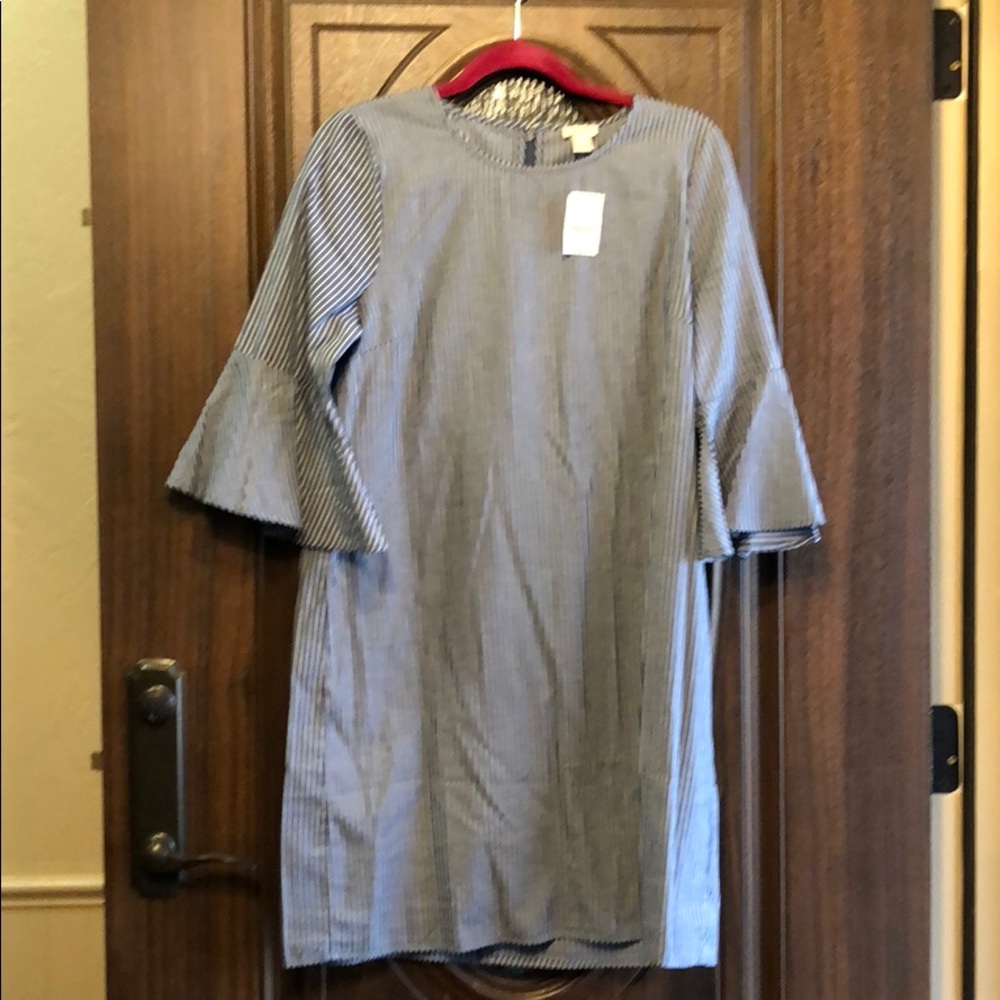 J crew pinstripe dress with bell sleeves.